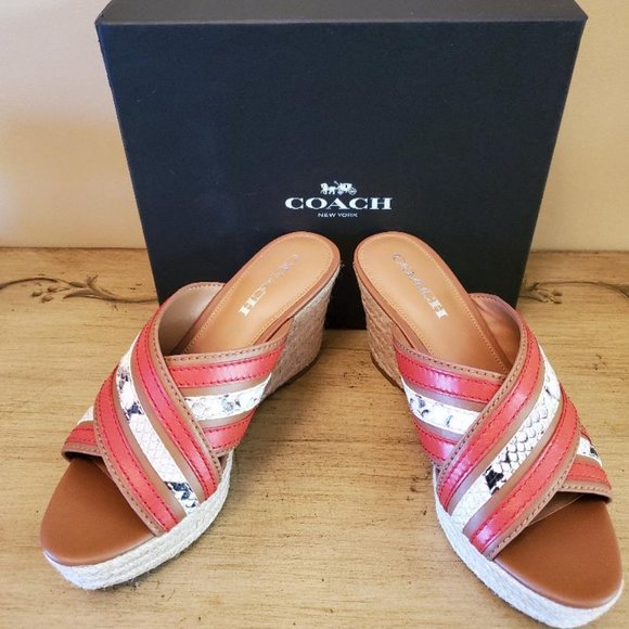 NEW Coach Florentine Wedge Leather Sandals 8.5 open-toe  Heel Snake Print Slide - Picture 5 of 6